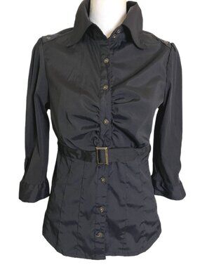 Antilla Femme Black Belted Stretch Button Up Top Ruched Front 3/4 Sleeves Size S